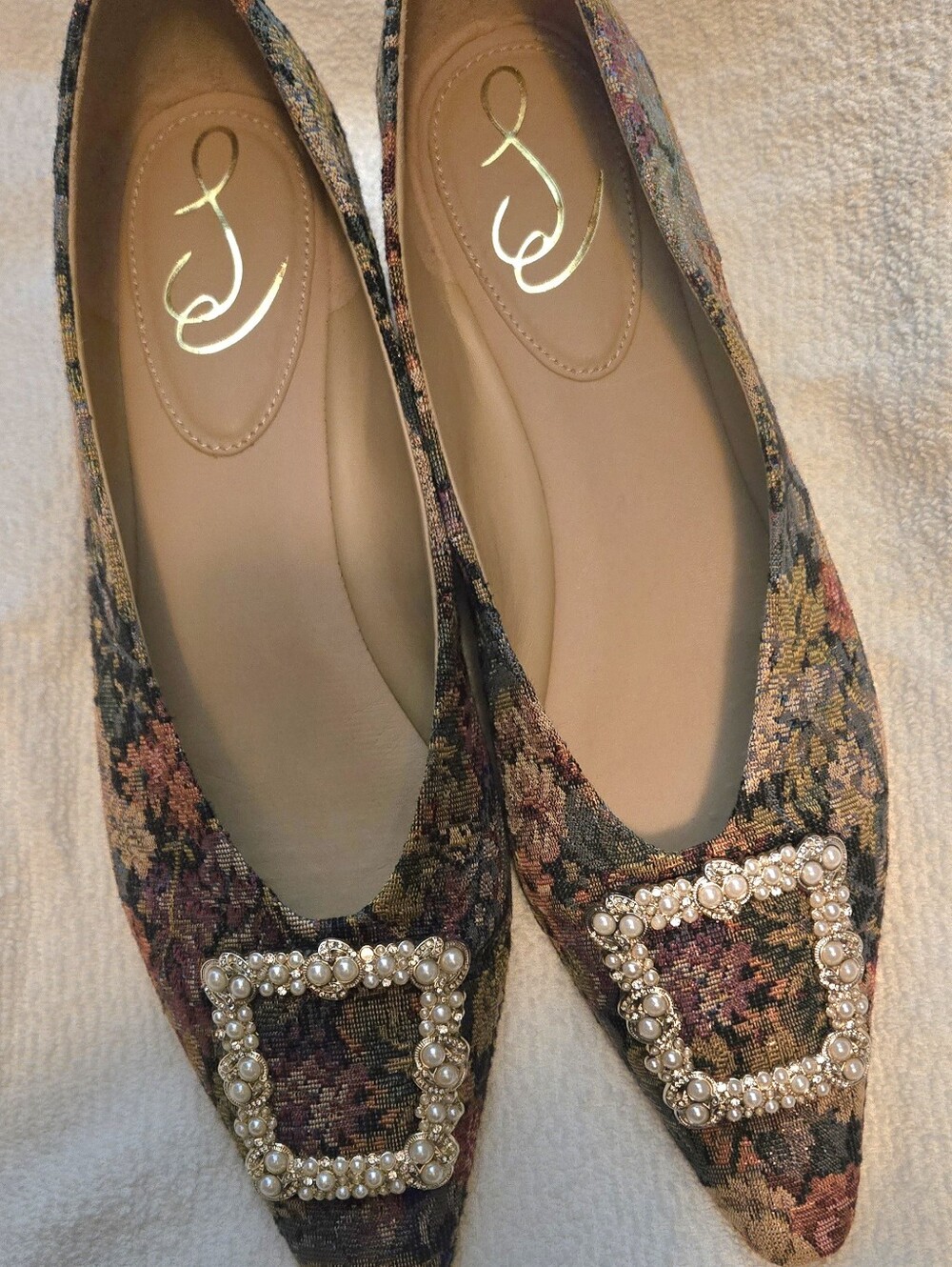 Embellished Pointed Toe Floral Jacquard Ballet Flats -  Size 12- Women